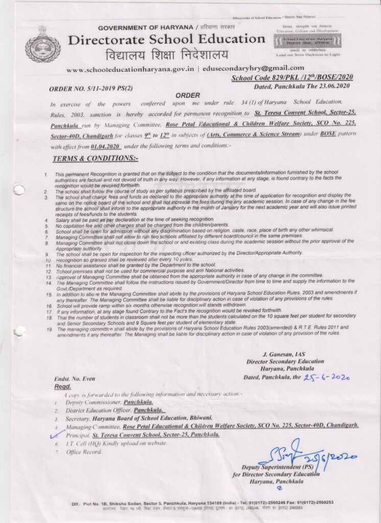 Certificate of Recognition St Teresa Convent School
